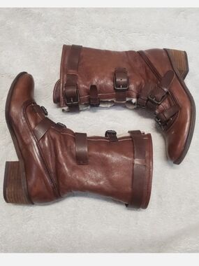 Brown Leather Australian Fur Fuzzy Buckle Tall Boots Women‎ 6 Boho Winter Cozy
